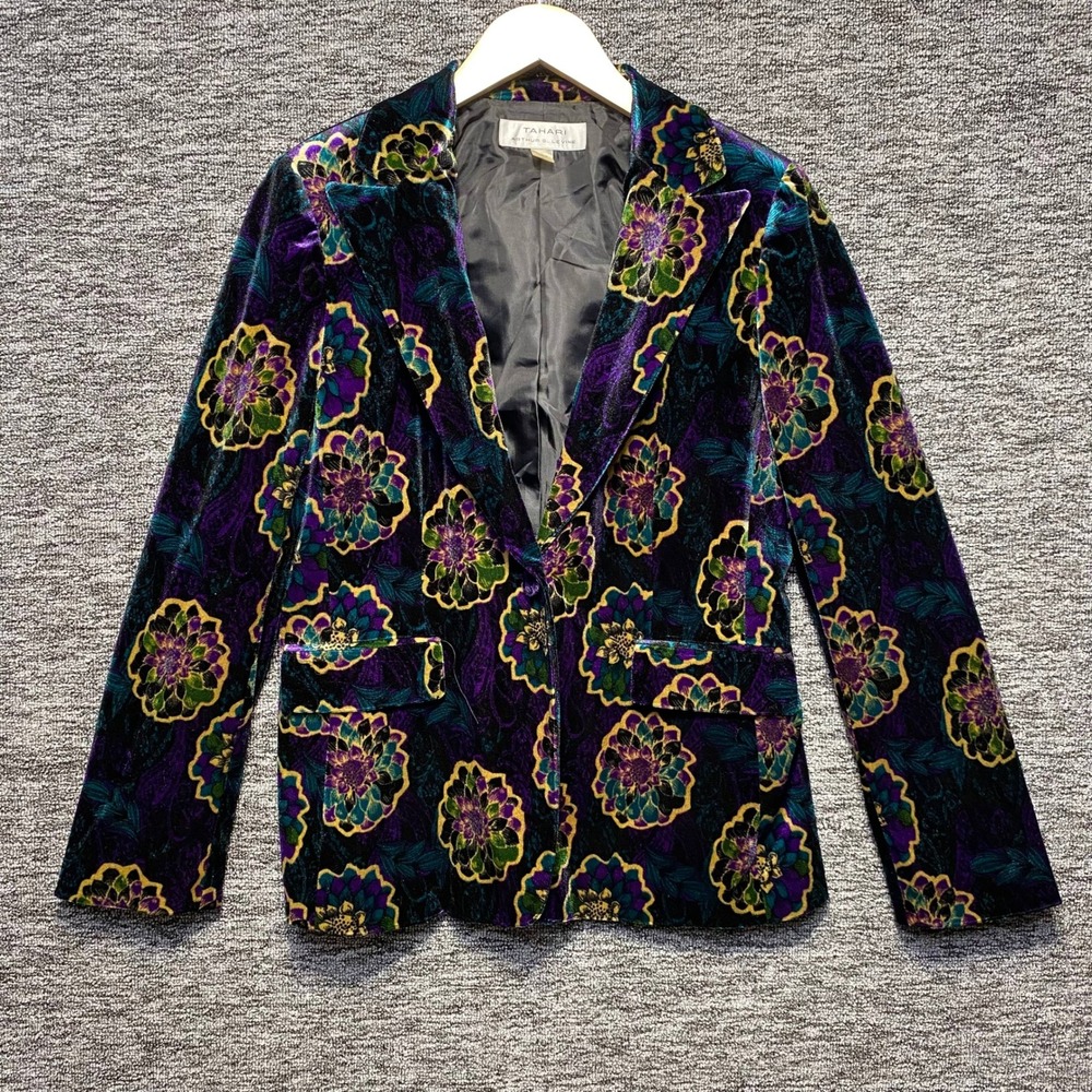 VTG Tahari Floral Velvet Blazer 8 Purple Teal Green Jacket Single Button Boho